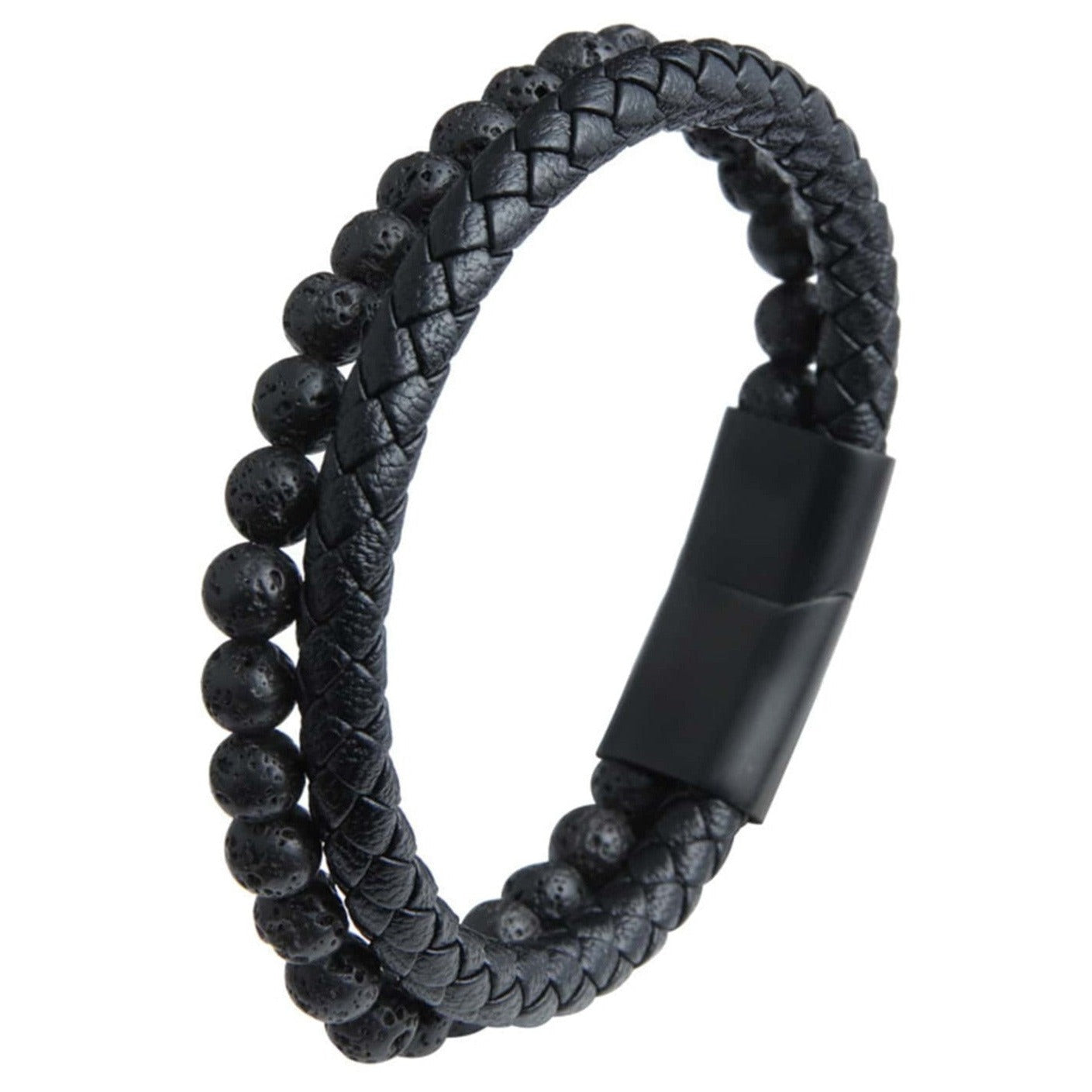 Pulseira Masculina De Couro E Pedras Naturais Com Fecho Magnético