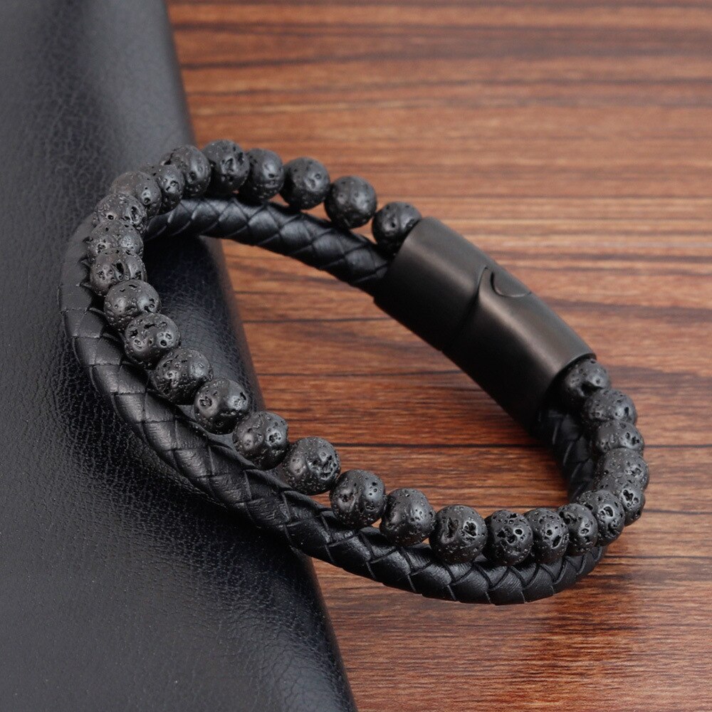 Pulseira Masculina De Couro E Pedras Naturais Com Fecho Magnético