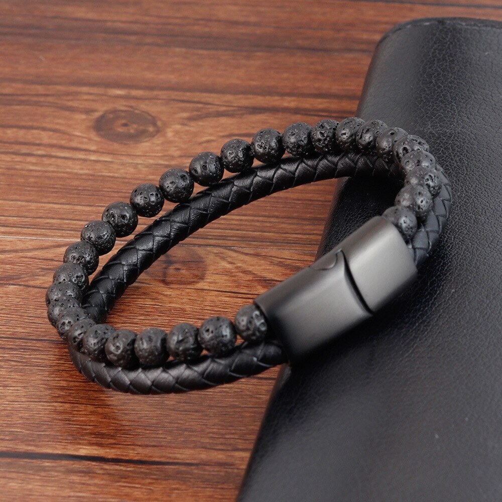 Pulseira Masculina De Couro E Pedras Naturais Com Fecho Magnético