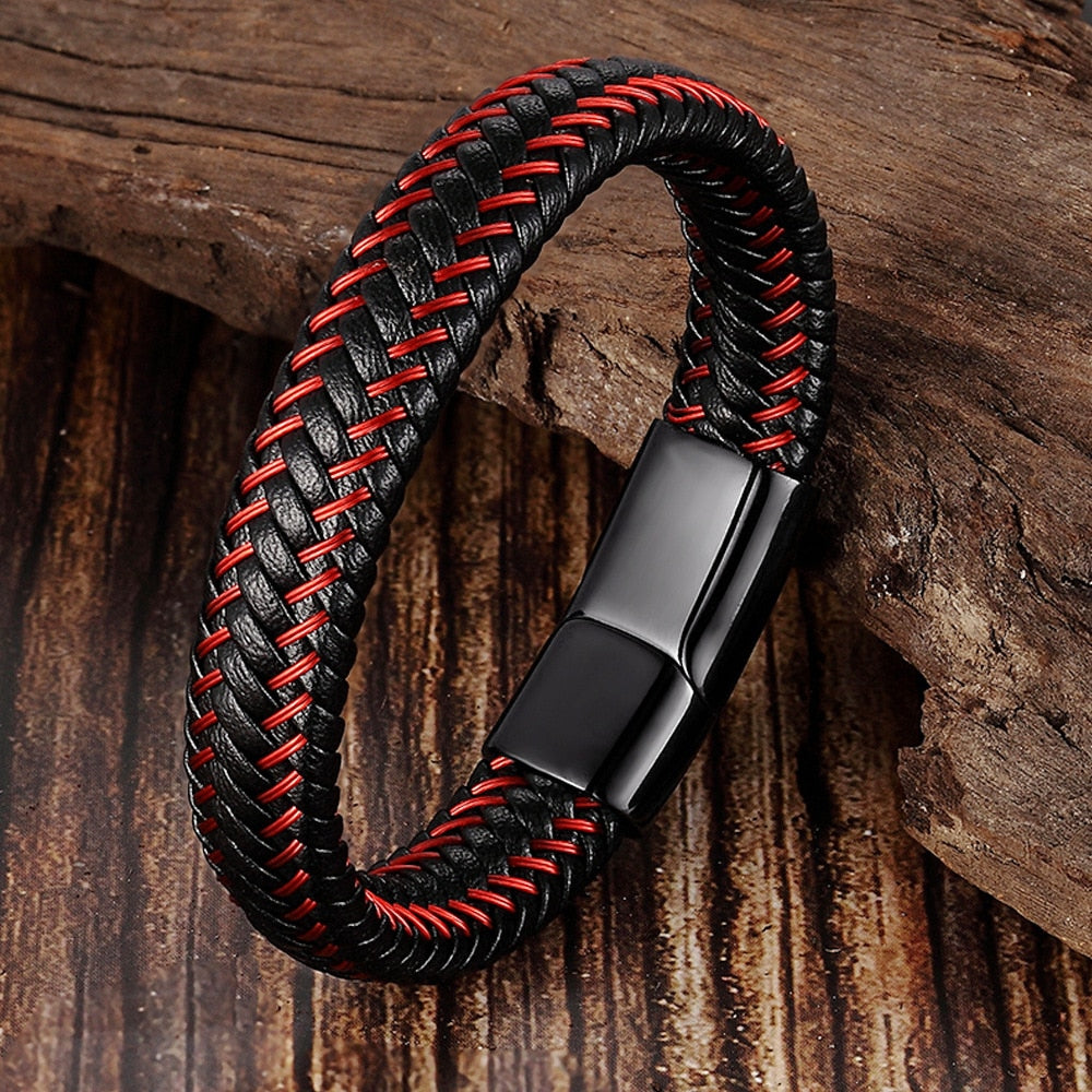 Pulseira Masculina De Couro Trançada Com Fecho Magnético