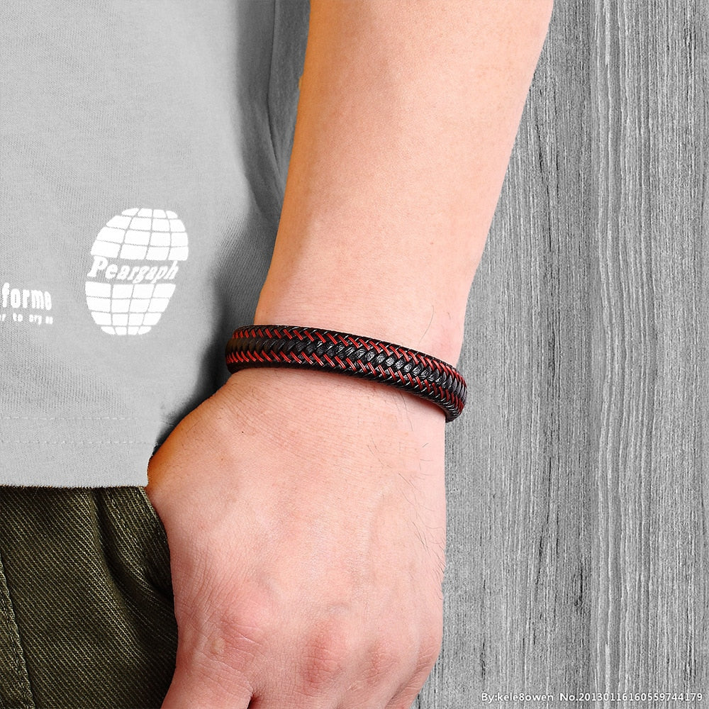 Pulseira Masculina De Couro Trançada Com Fecho Magnético