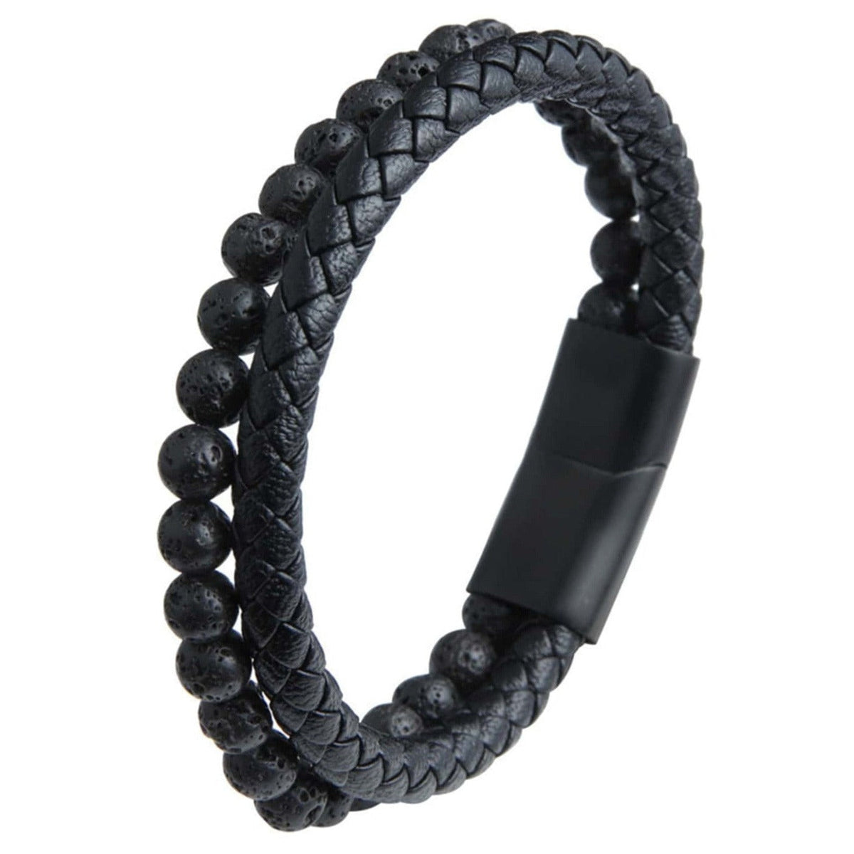 Pulseira Masculina De Couro E Pedras Naturais Com Fecho Magnético