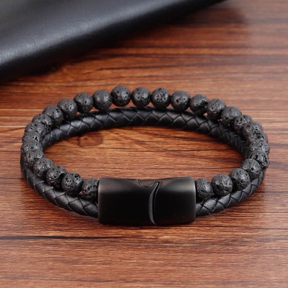 Pulseira Masculina De Couro E Pedras Naturais Com Fecho Magnético