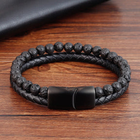 Pulseira Masculina De Couro E Pedras Naturais Com Fecho Magnético