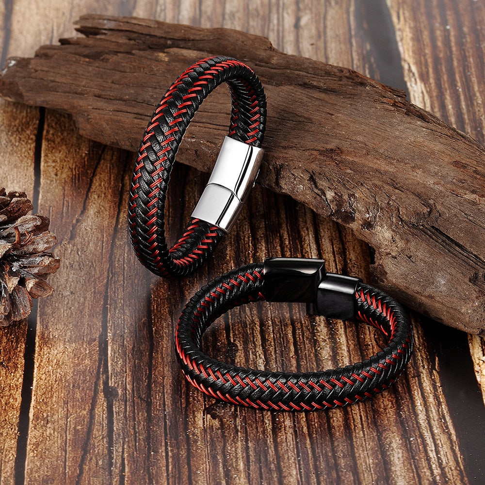 Pulseira Masculina De Couro Trançada Com Fecho Magnético