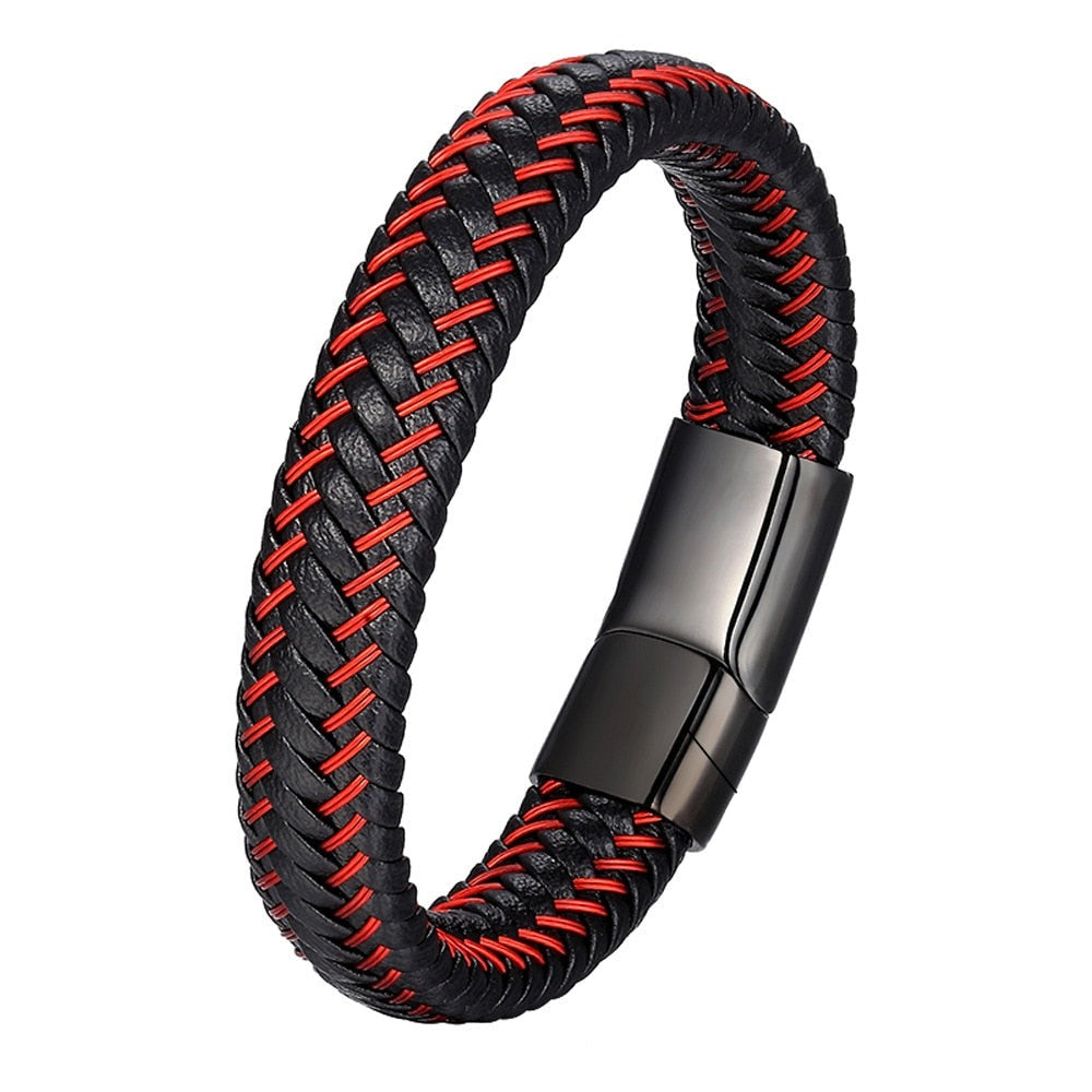 Pulseira Masculina De Couro Trançada Com Fecho Magnético